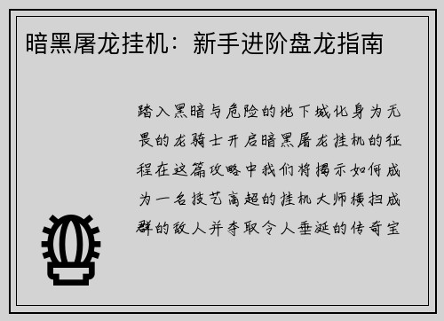 暗黑屠龙挂机：新手进阶盘龙指南