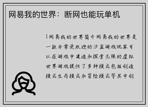 网易我的世界：断网也能玩单机